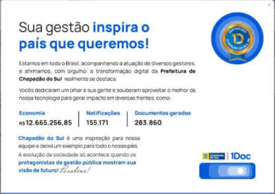 Imagem da notícia Chapadão do Sul ganha certificado digital pela plataforma 1DOC